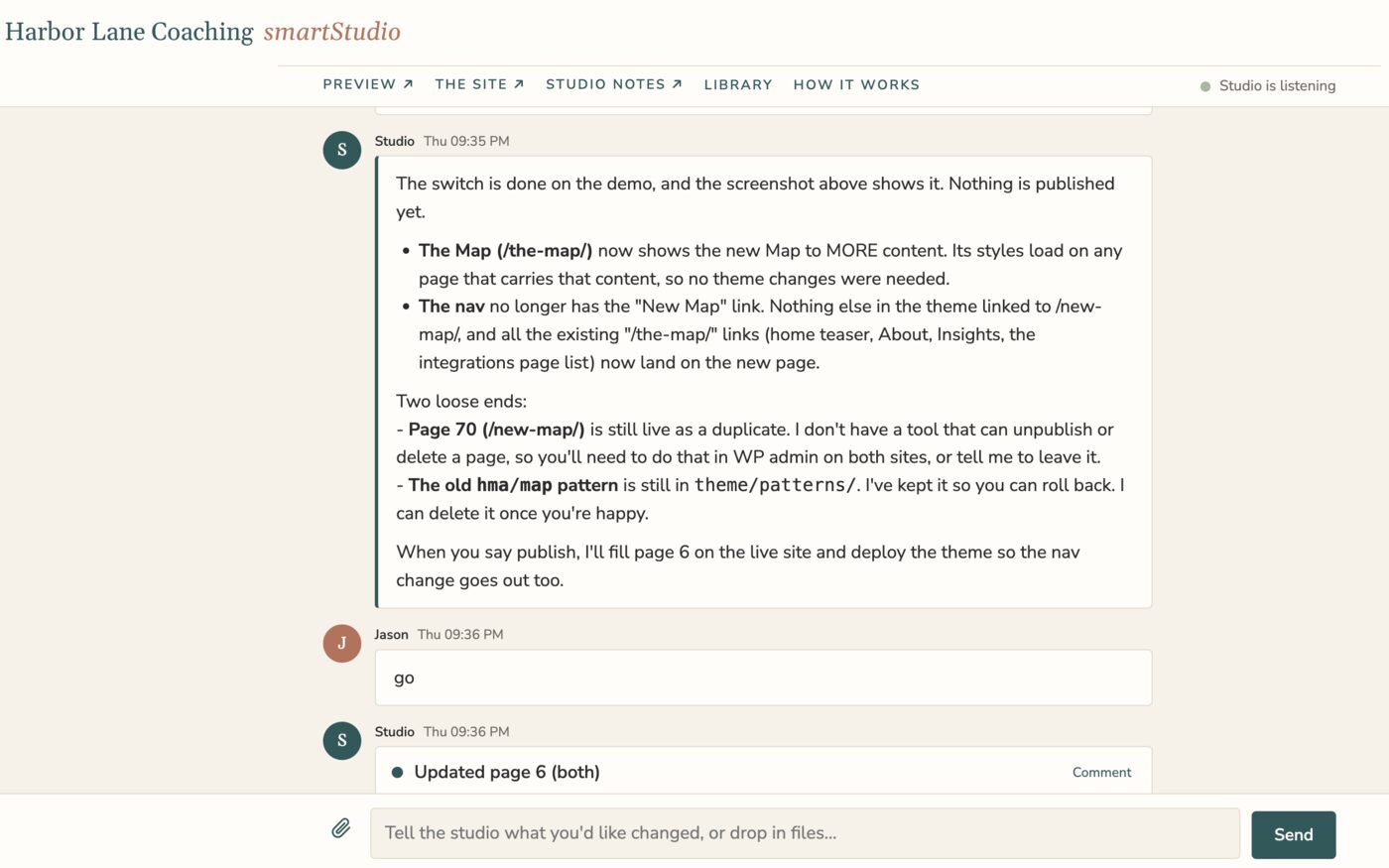 The smartStudio workspace for a coaching business: the studio describes a change it has made on the preview, the owner replies go, and the page is updated
